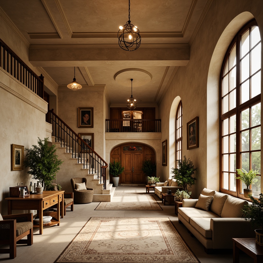 Prompt: Elegant student hall, classical architecture, warm beige stone walls, ornate wooden doors, grand staircase, high ceilings, large windows, soft warm lighting, table lamps, floor lamps, cozy reading nooks, comfortable sofas, rich wood tones, natural textiles, vintage-inspired furniture, subtle color palette, inviting atmosphere, relaxed ambiance, 1/1 composition, shallow depth of field, softbox lighting, realistic textures.