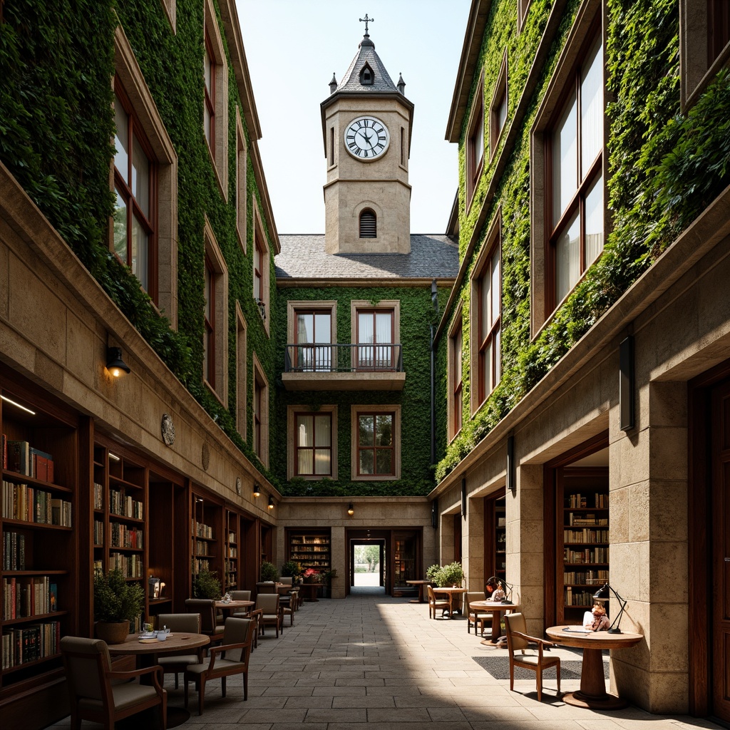 Prompt: Traditional university architecture, grand clock tower, ivy-covered walls, rustic stone facades, wooden accents, rich wood tones, earthy brown colors, muted green hues, warm beige tones, vintage furniture, classic library settings, cozy study nooks, natural light pouring in, soft warm glow, shallow depth of field, 3/4 composition, panoramic view, realistic textures, ambient occlusion.