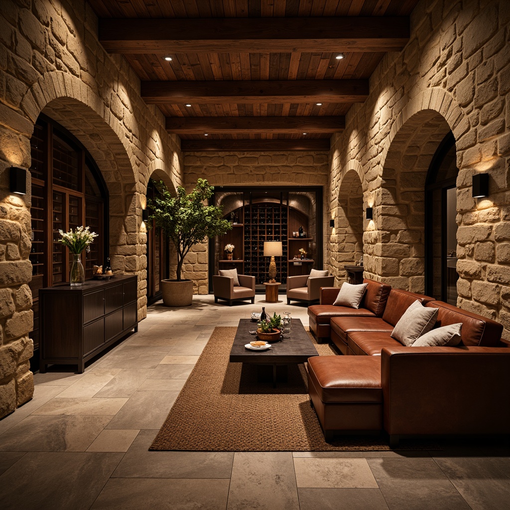 Prompt: Luxurious wine cellar, dark wood tones, stone walls, rustic ambiance, dim warm lighting, wooden barrels, wine racks, rich leather furniture, earthy scent, natural stone flooring, polished concrete surfaces, distressed hardwood planks, herringbone pattern, warm beige colors, soft velvety textures, subtle sheen, atmospheric misting system, intimate setting.