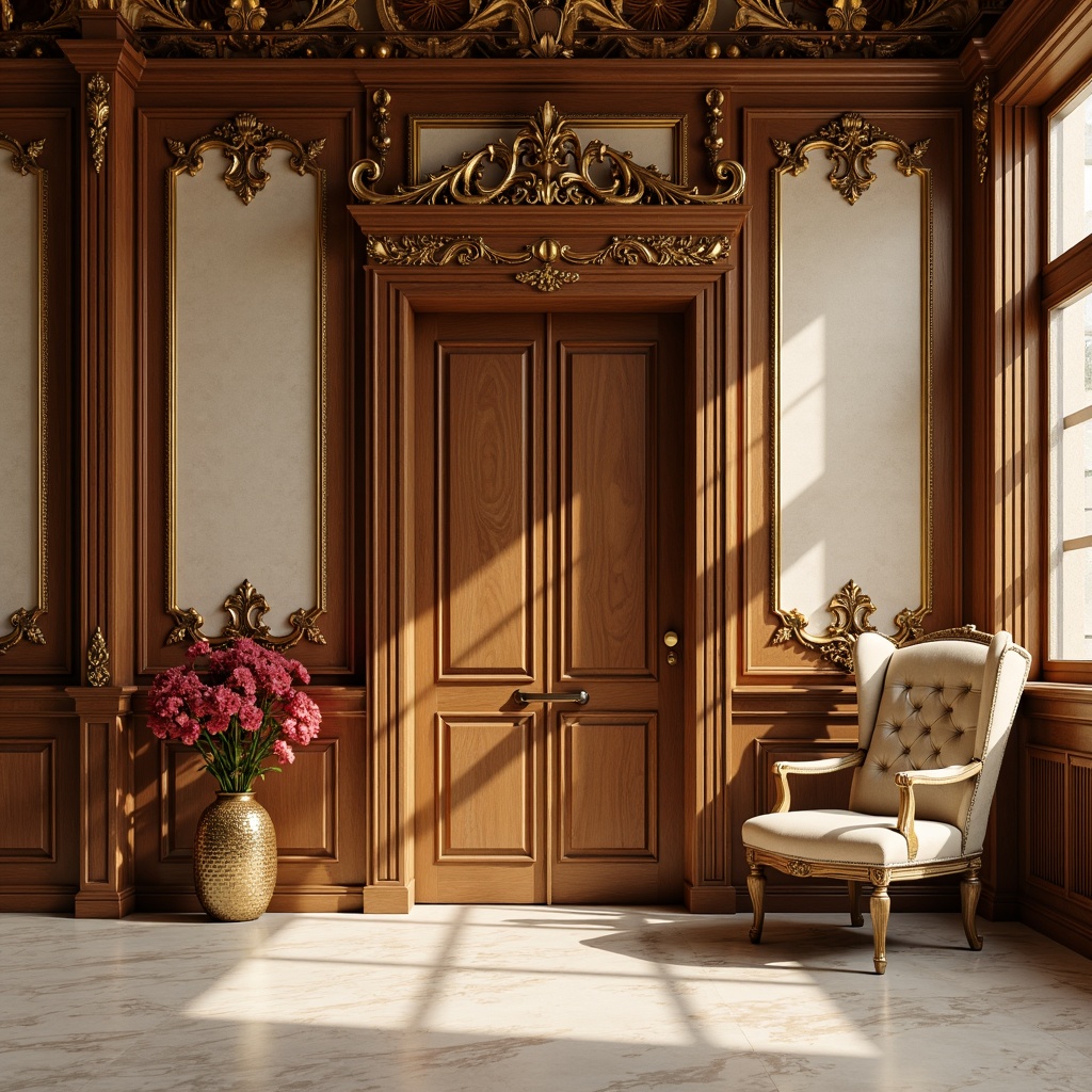 Prompt: Ornate wall paneling, rich wood tones, gilded frames, luxurious fabrics, intricate carvings, subtle molding, creamy marble surfaces, soft warm lighting, shallow depth of field, 1/2 composition, elegant symmetry, refined textures, ambient occlusion.