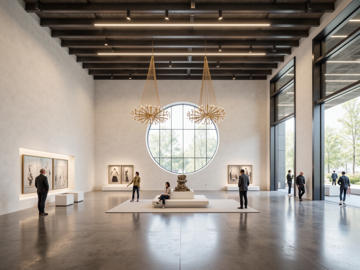 Prompt: Minimalist museum interior, polished concrete floors, white marble walls, sleek metal beams, modern chandeliers, warm soft lighting, indirect illumination, floor-to-ceiling windows, natural daylight, subtle color temperature, LED light strips, recessed lighting, track lighting systems, suspended ceiling fixtures, dramatic spotlights, 1/1 composition, realistic textures, ambient occlusion.