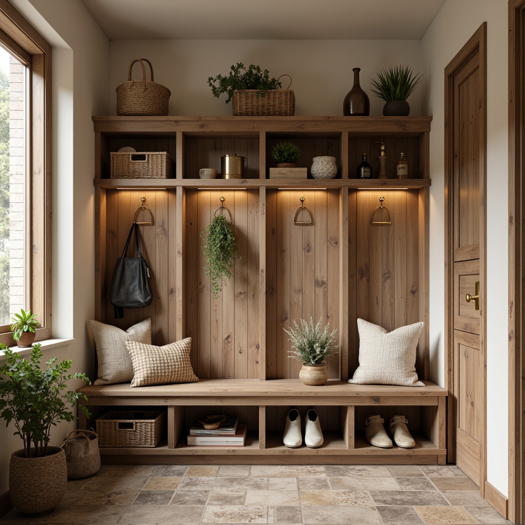 Prompt: Cozy mudroom, rustic wooden benches, natural stone flooring, earthy brown tones, warm beige walls, soft cream accents, calming greenery, woven baskets, vintage metal hooks, industrial-style lighting, exposed brick details, functional shelving units, warm golden hardware, soft diffused lighting, 1/2 composition, inviting atmosphere, realistic textures, ambient occlusion.