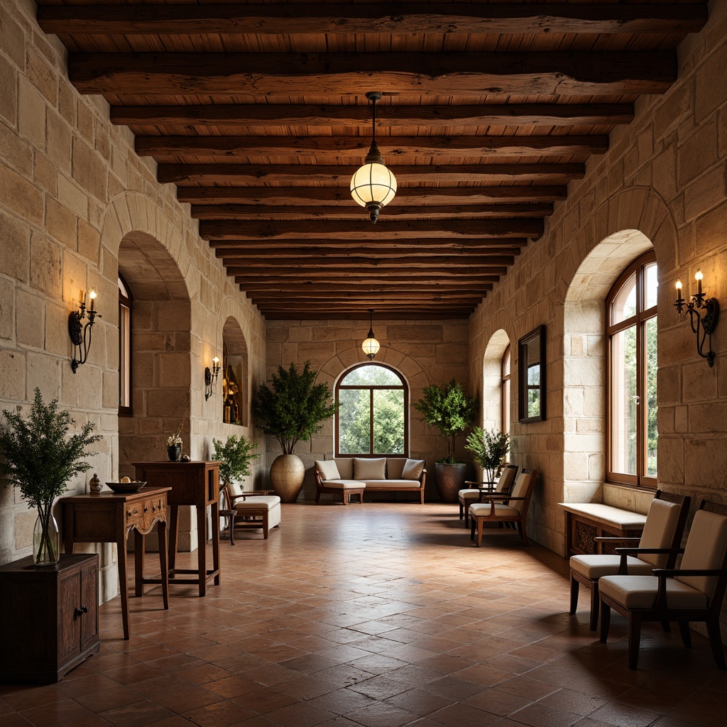 Prompt: Rustic hall interior, wooden beam ceiling, stone walls, warm earthy tones, natural textures, traditional furniture, ornate metal fixtures, vintage lighting, rich wood paneling, distressed finishes, classic color palette, soft warm lighting, shallow depth of field, 1/1 composition, realistic renderings, ambient occlusion.