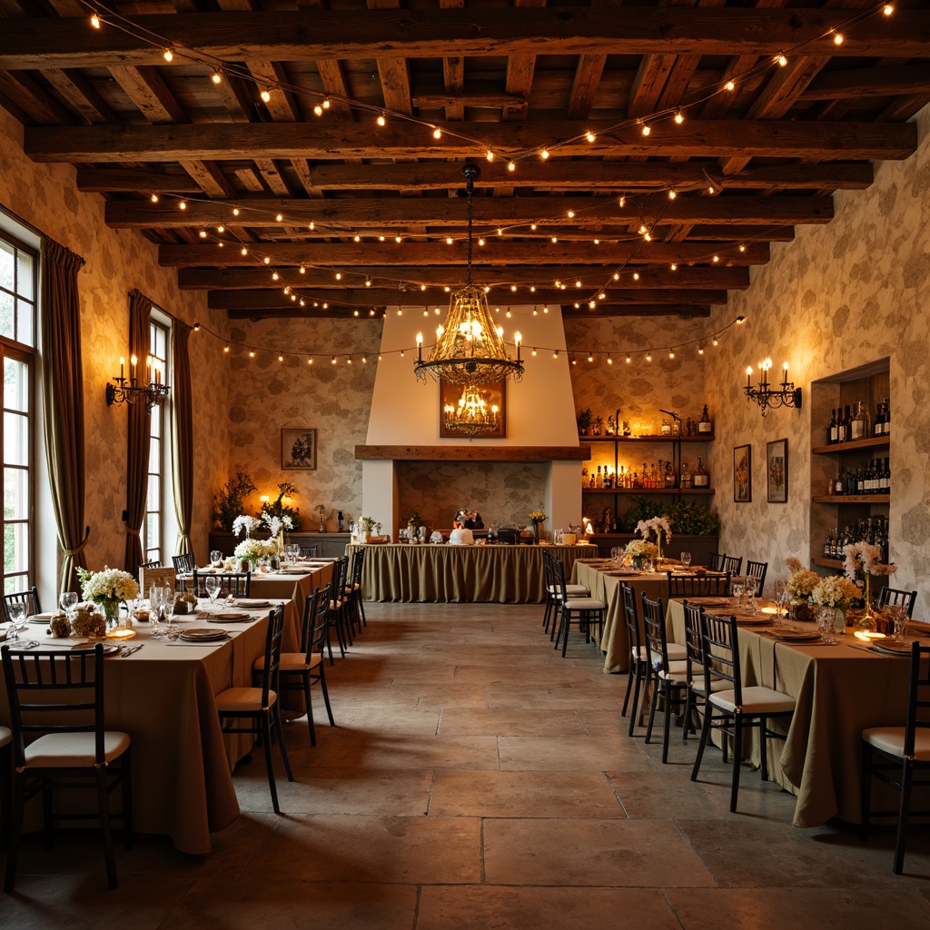 Prompt: Warm winery ambiance, distressed wood accents, vintage metal lanterns, soft candlelight, warm golden lighting, rustic wooden beams, earthy color palette, natural stone walls, French country-inspired decor, elegant chandeliers, whimsical string lights, lantern-style pendant lights, mercury glass fixtures, antique bronze hardware, creamy whites, weathered wood tones, romantic dimming, warm shadows, cozy nooks, intimate atmosphere, relaxed elegance.