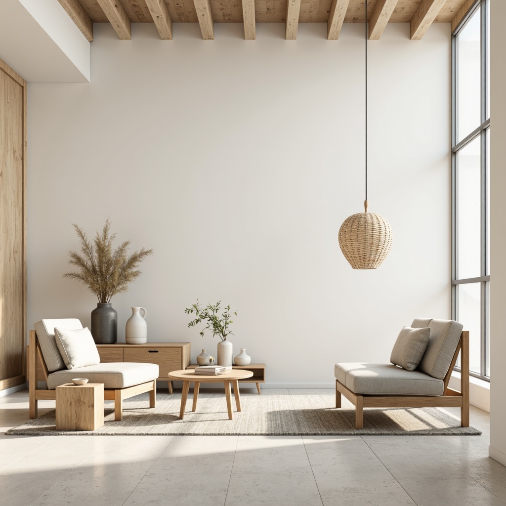 Prompt: Monochromatic interior, soft creamy whites, warm beige tones, calming gray hues, natural wood accents, sleek metal frames, minimalist decor, sparse furniture arrangement, empty space emphasis, subtle texture variations, delicate linen fabrics, gentle diffused lighting, 1/1 composition, shallow depth of field, realistic material renderings.