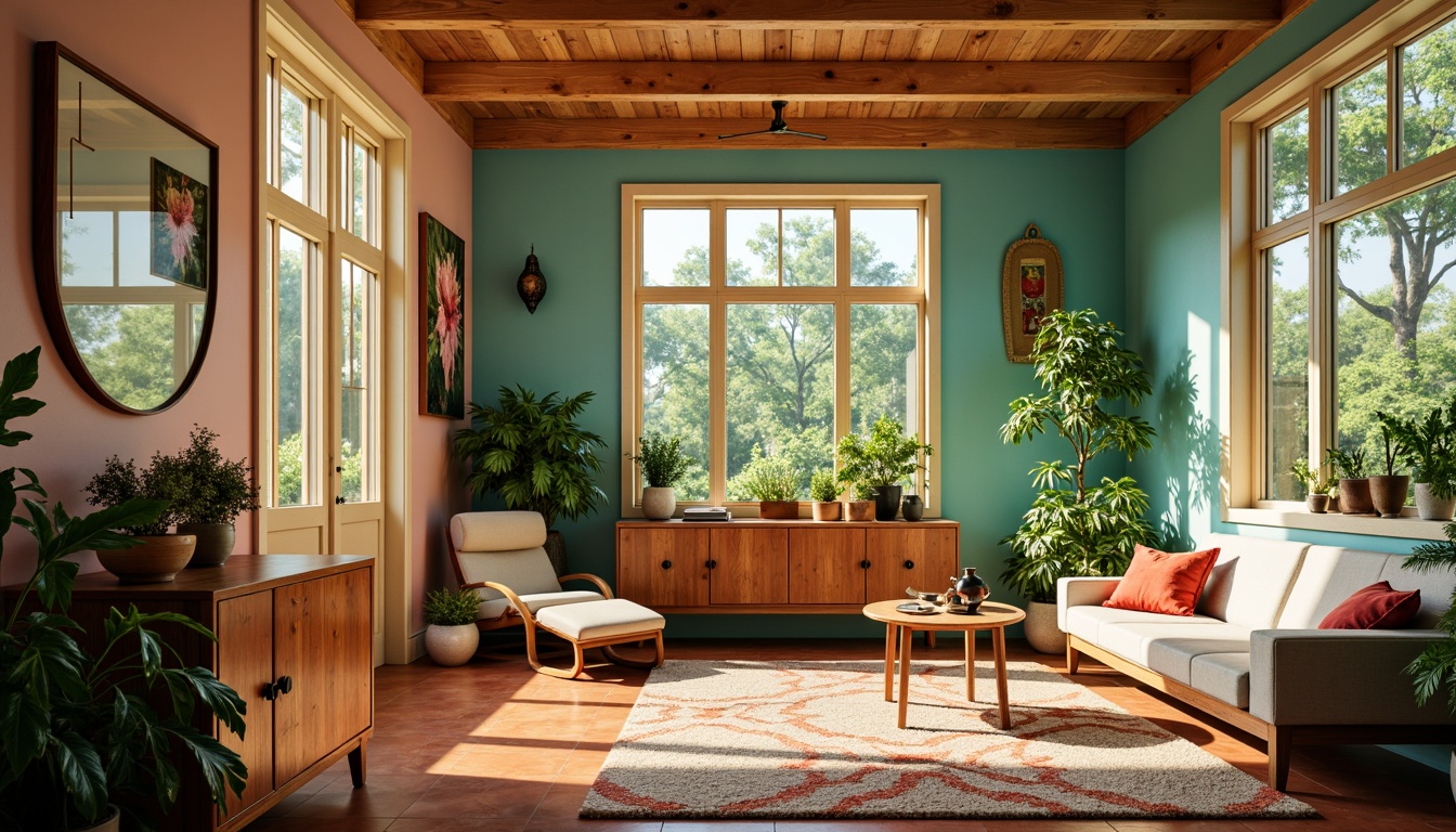 Prompt: Vibrant sunroom, warm natural light, earthy terracotta floors, sleek wooden accents, organic plant life, geometric patterned rugs, retro-inspired furniture, bold turquoise walls, creamy white trim, rich walnut cabinetry, soft sage greenery, sunny afternoon, warm golden lighting, shallow depth of field, 1/1 composition, realistic textures, ambient occlusion.