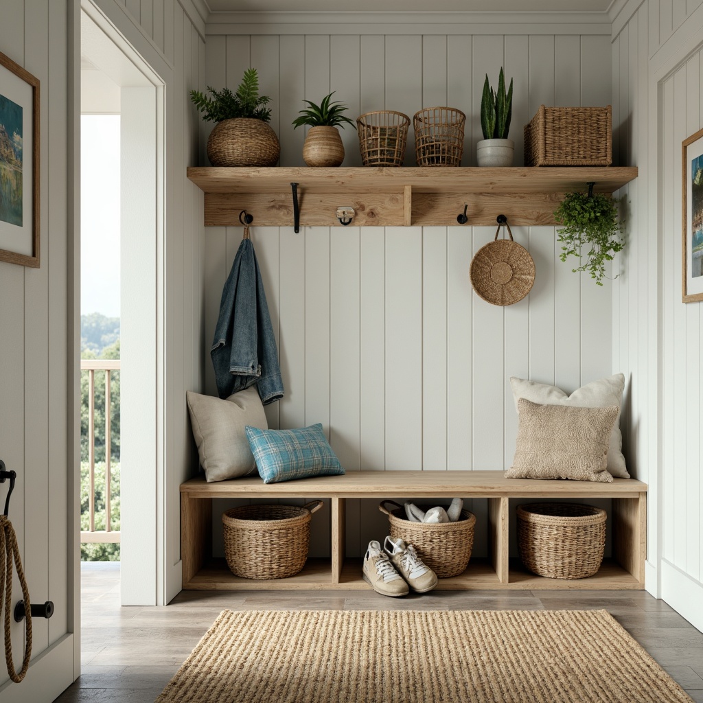 Prompt: Coastal style mudroom, natural wood accents, woven sea grass baskets, driftwood shelves, ocean-inspired color palette, weathered metal hooks, nautical rope details, reclaimed wood benches, built-in storage cubbies, wicker furniture, soft blue-green lighting, beachy textures, 1/1 composition, warm shallow focus, realistic reflections.