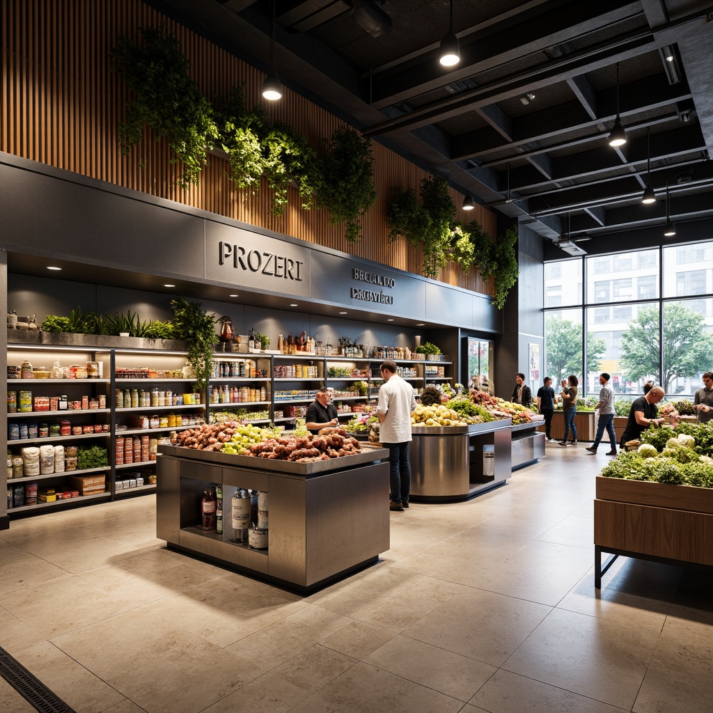 Prompt: Modern grocery store interior, sleek signage, minimalist typography, neutral color palette, polished metal shelves, wooden accents, recessed lighting, high ceilings, open floor plan, streamlined product displays, geometric patterns, industrial-chic decor, urban feel, natural stone flooring, ample natural light, 1/1 composition, shallow depth of field, soft warm lighting.