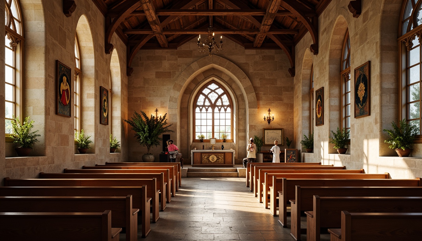 Prompt: Rustic church interior, exposed wooden beams, natural wood tones, ornate stone carvings, stained glass windows, soft warm lighting, dramatic vaulted ceilings, intricate archways, ornate chandeliers, rich velvet drapes, elegant pews, sacred altar, serene atmosphere, diffused sunlight, subtle shadows, 1/1 composition, symmetrical framing, warm color palette, realistic textures.