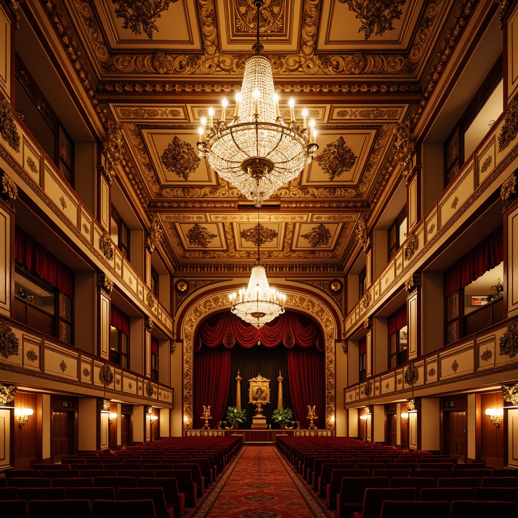 Prompt: Grand auditorium, ornate Renaissance-style ceiling, intricate moldings, gilded details, majestic chandeliers, crystal droplets, velvet drapes, rich wood paneling, carved ornaments, Baroque-inspired patterns, golden accents, soft warm lighting, shallow depth of field, 1/1 composition, realistic textures, ambient occlusion.