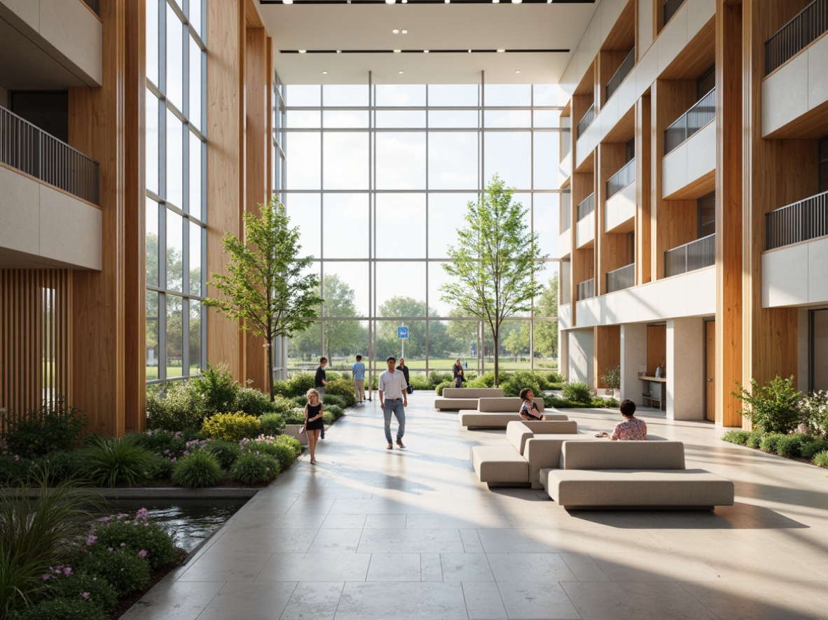 Prompt: Spacious hospital lobby, high ceilings, large windows, abundant natural light, warm wood accents, comfortable seating areas, lush greenery, calming water features, soft ambient lighting, 1/1 composition, shallow depth of field, realistic textures, ambient occlusion, modern architecture, sleek lines, minimalist design, functional furniture, stainless steel equipment, medical signage, gentle color palette.