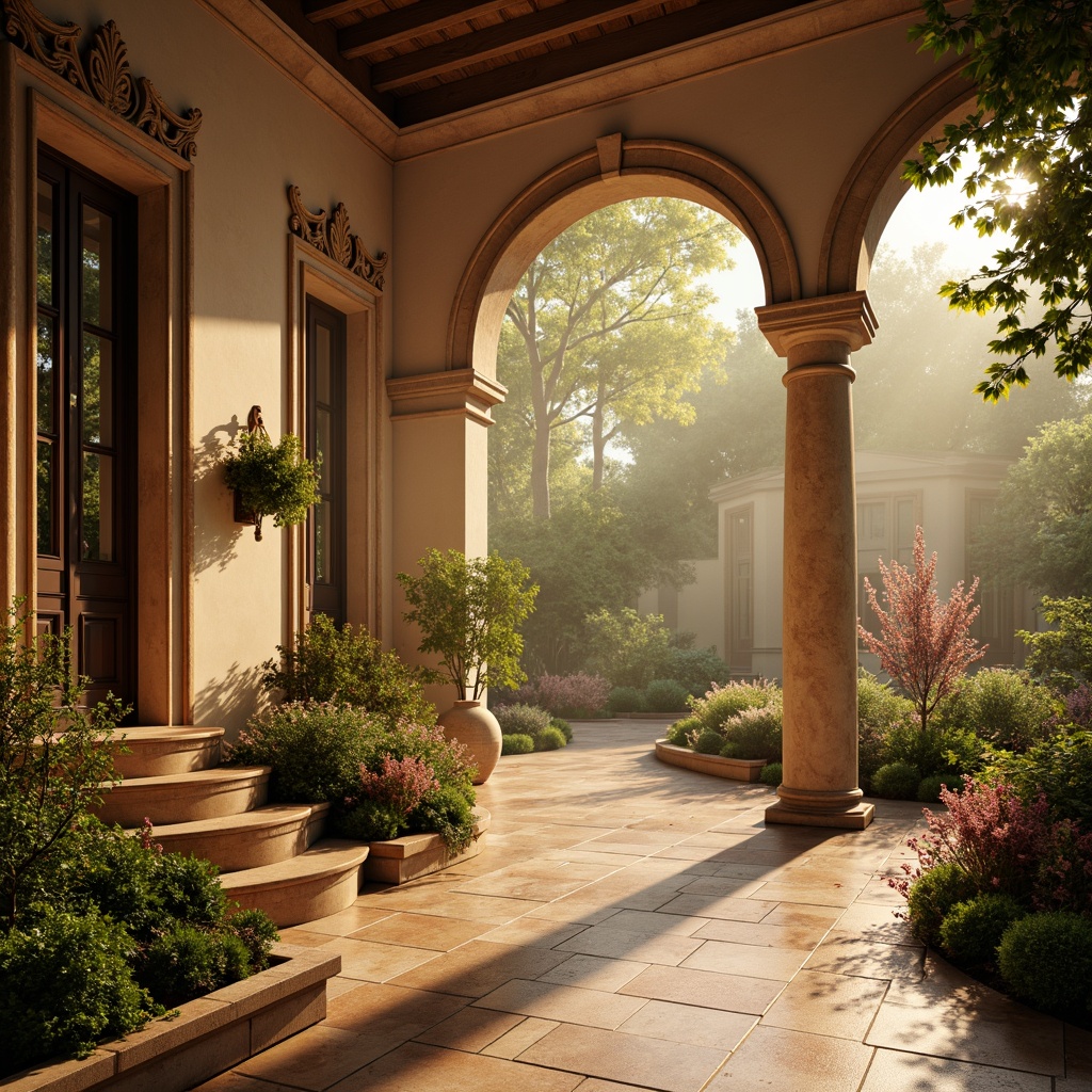 Prompt: Warm beige stone columns, soft golden sunlight, lush greenery surroundings, ornate carved details, elegant archways, rustic terracotta floors, earthy tone walls, classic Greek-inspired architecture, serene natural ambiance, tranquil water features, vibrant blooming flowers, subtle misting effects, dramatic spotlights, warm ambient lighting, shallow depth of field, 2/3 composition, cinematic views, realistic textures, ambient occlusion.