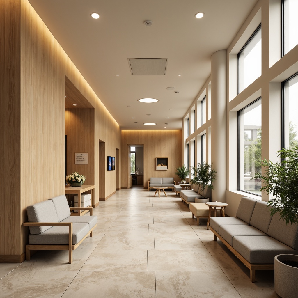 Prompt: Calming medical facility, soft beige walls, warm wooden accents, natural stone flooring, comfortable waiting areas, gentle curved lines, minimal ornamentation, soothing color scheme, subtle texture contrasts, indirect lighting, soft shadows, 1/1 composition, serene atmosphere, realistic renderings, ambient occlusion.