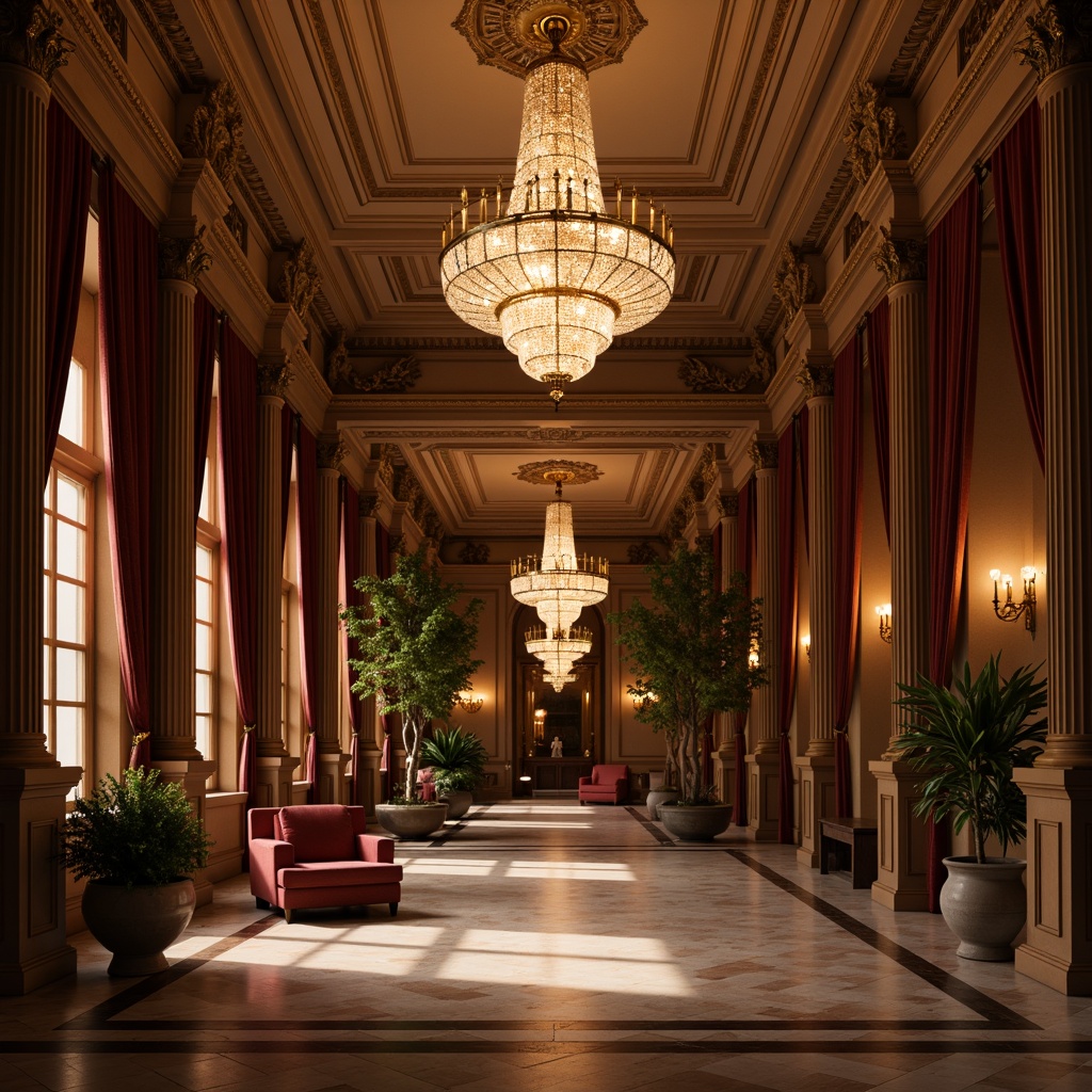 Prompt: Elegant chandelier, soft warm glow, subtle ambient lighting, ornate gold fixtures, rich velvet drapes, luxurious marble floors, classical columns, intricate moldings, symmetrical composition, dramatic shadows, high contrast ratio, warm color palette, golden hour lighting, shallow depth of field, 1/2 composition, realistic textures, ambient occlusion.