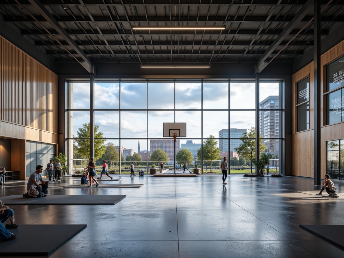 Prompt: Minimalist open space gymnasium, polished concrete floors, industrial metal beams, large windows, natural light, mirrored walls, sleek wooden accents, modern fitness equipment, free weights, exercise machines, yoga mats, athletic tracks, basketball courts, volleyball nets, scoreboard displays, motivational quotes, urban cityscape views, cloudy blue sky, soft warm lighting, shallow depth of field, 3/4 composition, panoramic view, realistic textures, ambient occlusion.