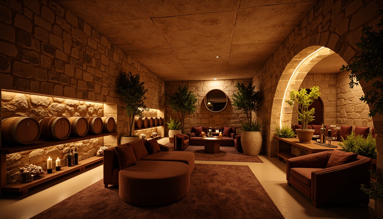 Prompt: Warm wine cellar ambiance, rustic stone walls, wooden barrels, dimmed warm lighting, soft candlelight, subtle LED strips, ambient glow, cozy nooks, plush velvet sofas, rich wood accents, earthy color palette, intimate atmosphere, dramatic shadows, warm beige tones, soft focus, shallow depth of field, 1/2 composition, realistic textures, ambient occlusion.