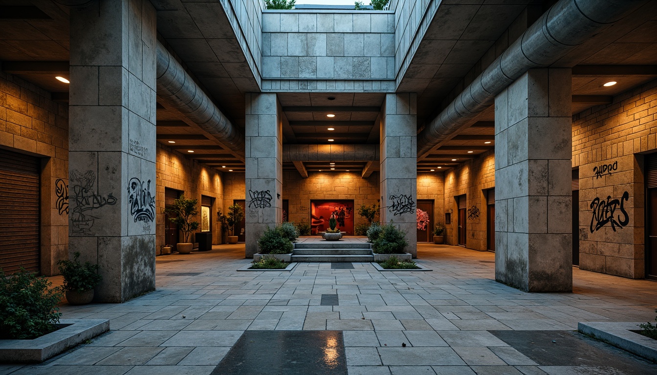 Prompt: Rugged brutalist architecture, raw concrete textures, weathered steel beams, industrial pipes, urban decay, graffiti-covered walls, distressed wood accents, bold geometric forms, stark contrast, muted earth tones, cold gray stones, warm beige bricks, rich terracotta hues, deep blue shadows, vibrant orange highlights, dramatic lighting, high-contrast composition, cinematic atmosphere, gritty realism.