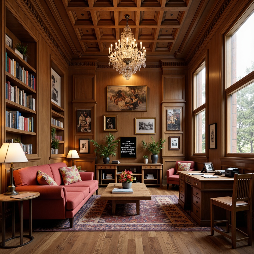 Prompt: Rich wood paneling, elegant chandeliers, comfortable sofas, vibrant colorful pillows, wooden desks, leather chairs, classic bookshelves, vintage lamps, ornate mirrors, subtle patterns, warm beige tones, soft warm lighting, shallow depth of field, 1/1 composition, realistic textures, ambient occlusion, cozy reading nooks, lively group discussion areas, inspirational quotes on walls, youthful artwork displays, rustic wooden floors.