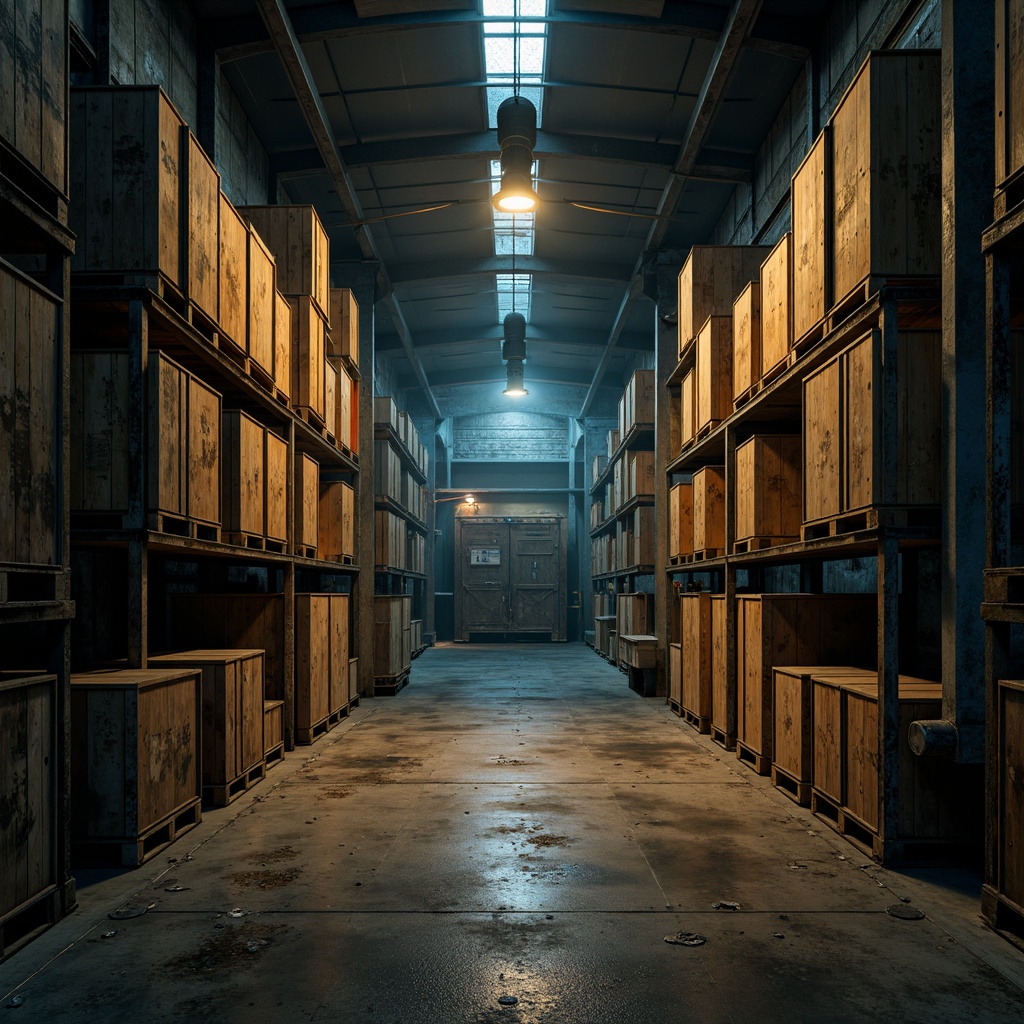 Prompt: Moody storage room, industrial atmosphere, distressed wood textures, rusty metal accents, vintage factory lighting, worn concrete floors, earthy tone color palette, deep blues and greys, warm beige tones, rich browns, bold yellow highlights, dramatic shadows, high contrast ratio, cinematic composition, narrow aperture, shallow depth of field, symmetrical framing.