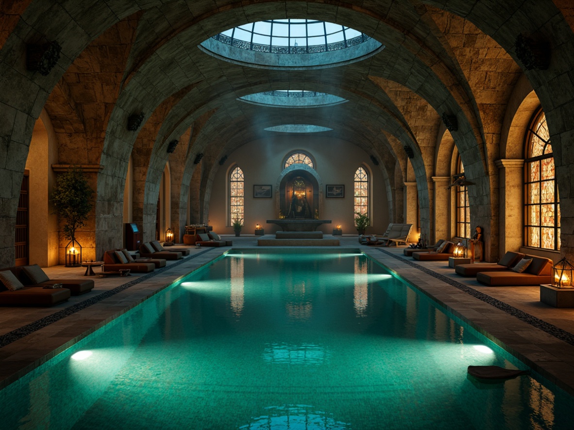 Prompt: Mysterious underground pool, vaulted ceilings, stone walls, stained glass windows, grand arches, ornate carvings, dark turquoise water, soft warm glow, lantern-style lighting, misty atmosphere, eerie shadows, dramatic spotlights, subtle ambient illumination, candle-like sconces, intricate mosaic patterns, luxurious velvet furnishings, mystical ambiance, dimly lit corridors, mysterious alcoves, ornate metal railings.