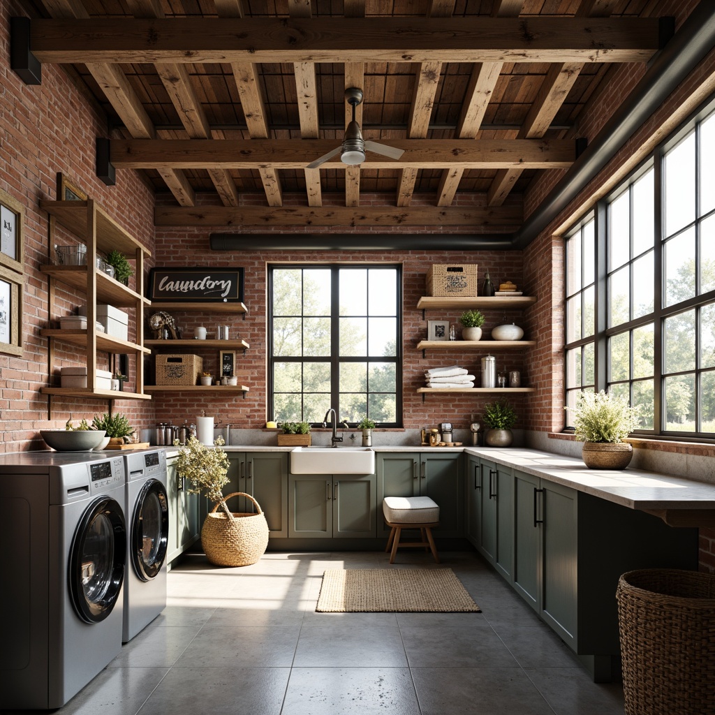 Prompt: Rustic-chic laundry room, exposed brick walls, reclaimed wood accents, industrial metal beams, modern farmhouse sink, stainless steel appliances, natural stone countertops, woven baskets, wooden crates, vintage laundry signs, soft warm lighting, shallow depth of field, 3/4 composition, realistic textures, ambient occlusion.