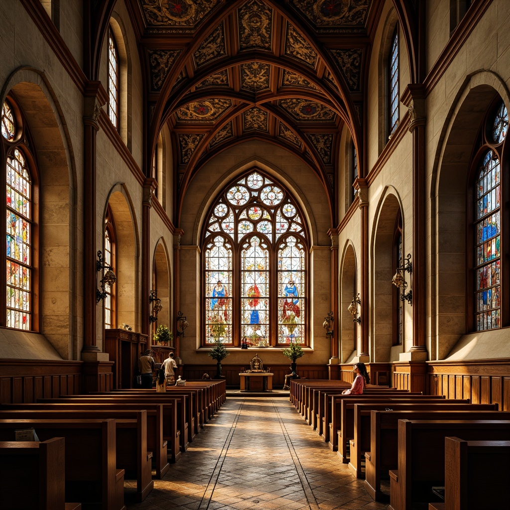 Prompt: Rustic church interior, richly colored stained glass windows, ornate stone carvings, wooden pews, vaulted ceilings, grandiose arches, intricate mosaics, warm golden lighting, soft shadows, realistic textures, ambient occlusion, 1/1 composition, close-up shot, vibrant colors, detailed patterns, ornate metal frames, sacred symbols, spiritual atmosphere.