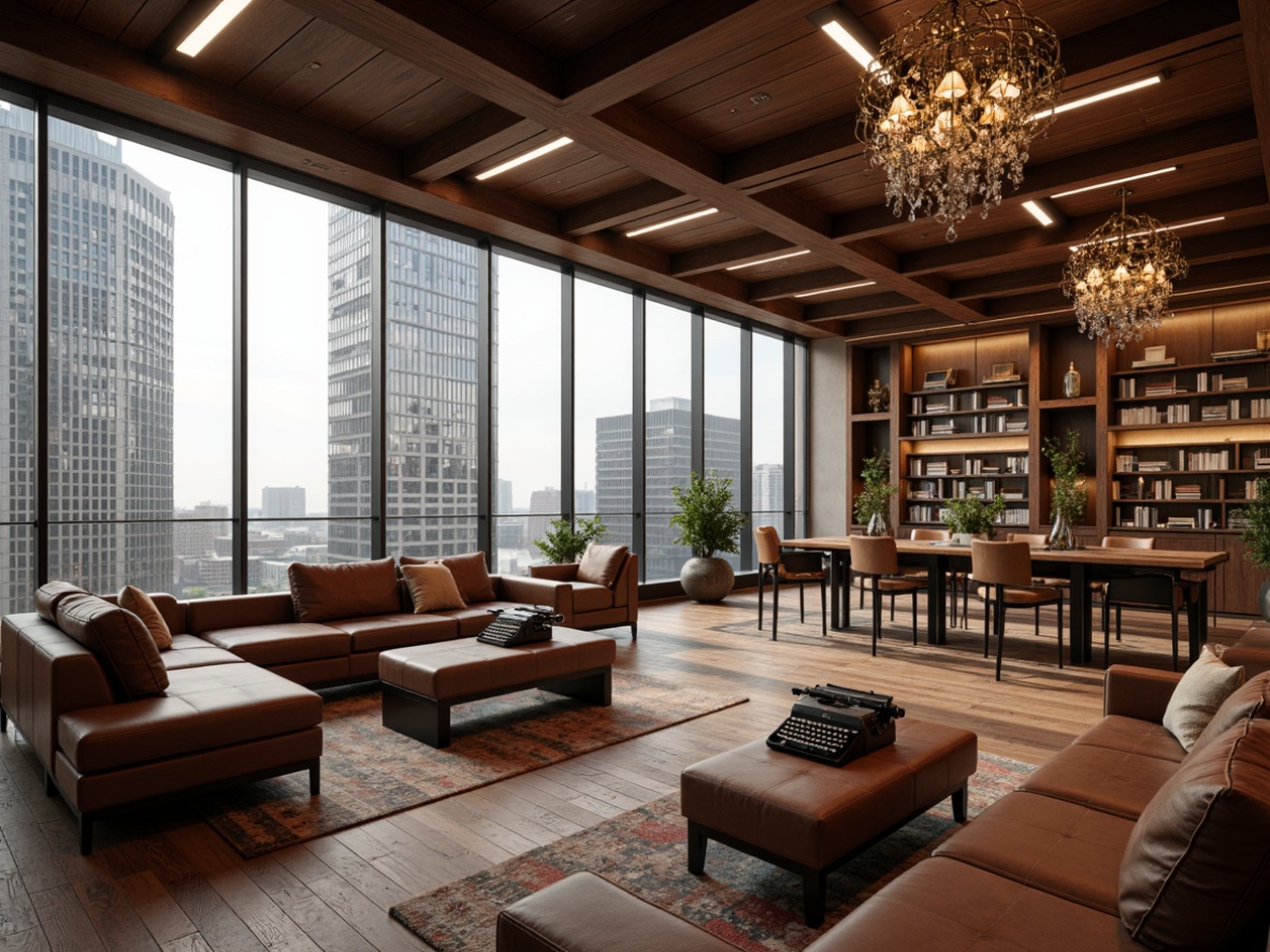 Prompt: Luxurious penthouse interior, rich wood tones, premium leather sofas, sleek metal accents, minimalist coffee tables, ornate chandeliers, floor-to-ceiling windows, panoramic city views, modern academic decor, vintage typewriters, classic literature collections, sophisticated color palette, soft warm lighting, high ceilings, elegant wooden flooring, refined textures, 1/1 composition, shallow depth of field, realistic renderings.