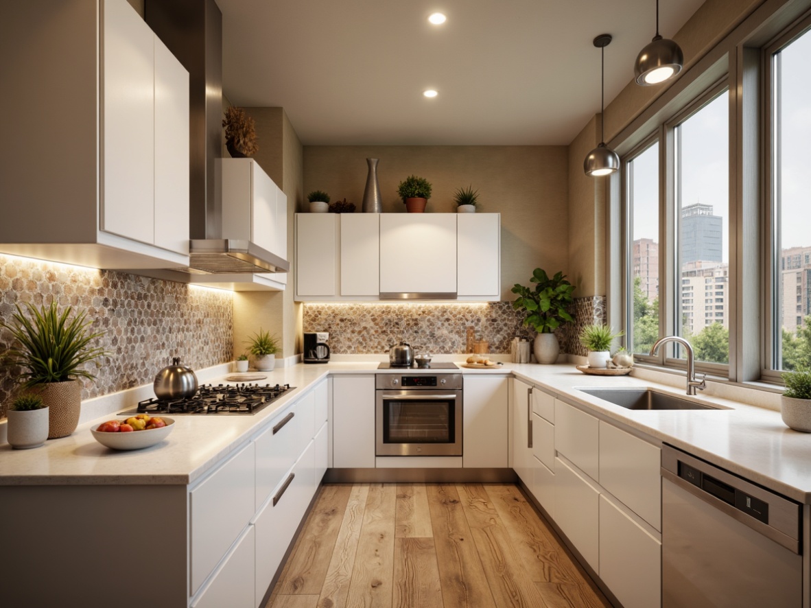 Prompt: Modern kitchen, sleek countertops, stainless steel appliances, glossy white cabinets, subtle LED lighting, warm beige walls, rich wood flooring, elegant pendant lights, sophisticated backsplash designs, glass tile mosaics, natural stone patterns, metallic accents, soft pastel colors, whimsical geometric shapes, industrial-chic vibes, urban loft atmosphere, high-gloss finish, 1/1 composition, shallow depth of field, realistic textures.