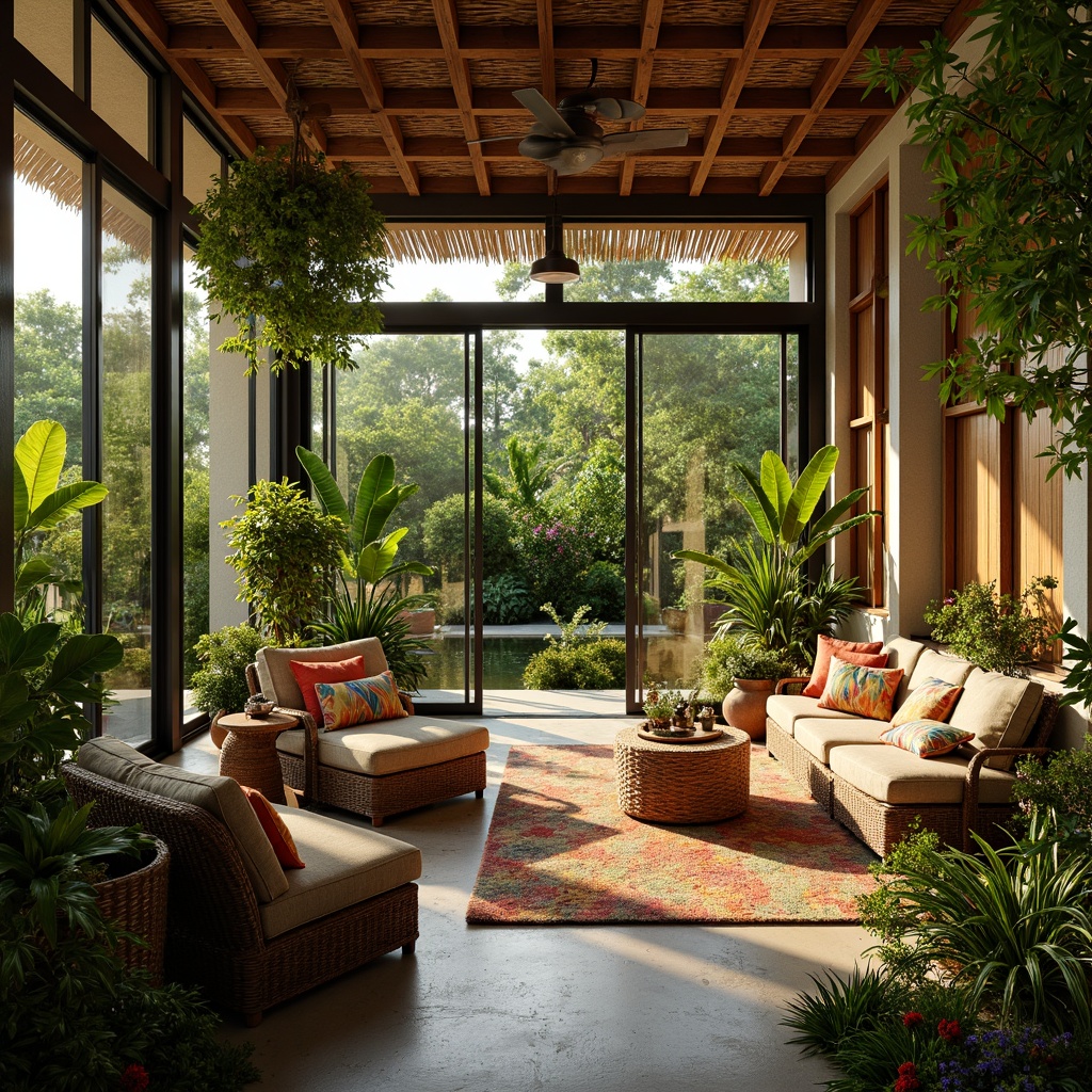 Prompt: Vibrant tropical living room, lush greenery, exotic potted plants, wicker rattan furniture, natural wood accents, colorful patterned textiles, warm golden lighting, large windows, sliding glass doors, indoor water features, stone flooring, tropical flowers, palm trees, bamboo elements, organic shapes, curved lines, cozy reading nooks, plush area rugs, earthy color palette, soft diffused lighting, 1/1 composition, realistic plant textures, ambient occlusion.