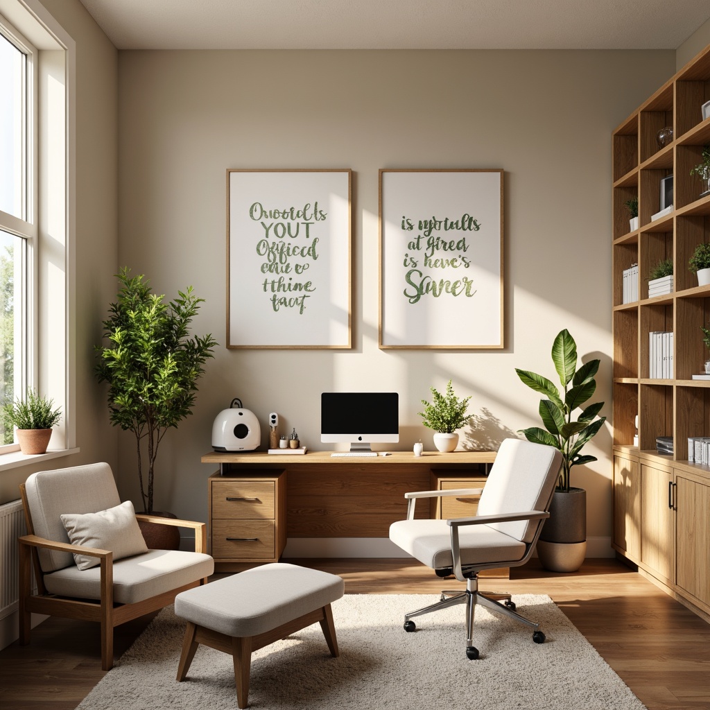 Prompt: Cozy home office, warm beige walls, rich wood furniture, comfortable plush carpet, ergonomic chair, natural light pouring in, soft pastel colors, calming atmosphere, focused productivity, subtle texture overlays, gentle gradient effects, warm white accents, modern minimalist decor, sleek metal hardware, organized workspace, inspirational quotes, botanical artwork, soothing greenery, relaxed ambiance, 1/2 composition, shallow depth of field, realistic rendering.