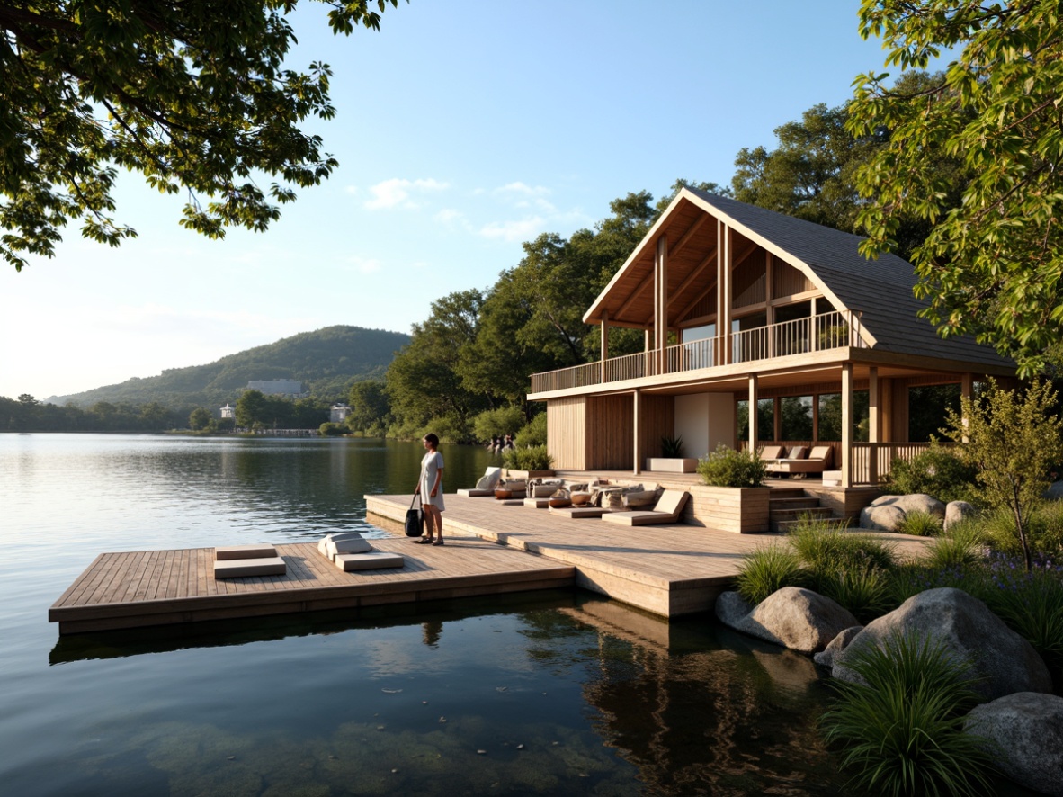 Prompt: Waterfront location, serene lake views, wooden dock, traditional Asian-inspired boathouse design, natural materials, reclaimed wood accents, sliding glass doors, floor-to-ceiling windows, skylights, clerestory windows, open floor plan, minimal obstruction, reflective water surfaces, lush greenery surroundings, tropical plants, warm sunny day, soft diffused lighting, 1/1 composition, realistic textures, ambient occlusion.