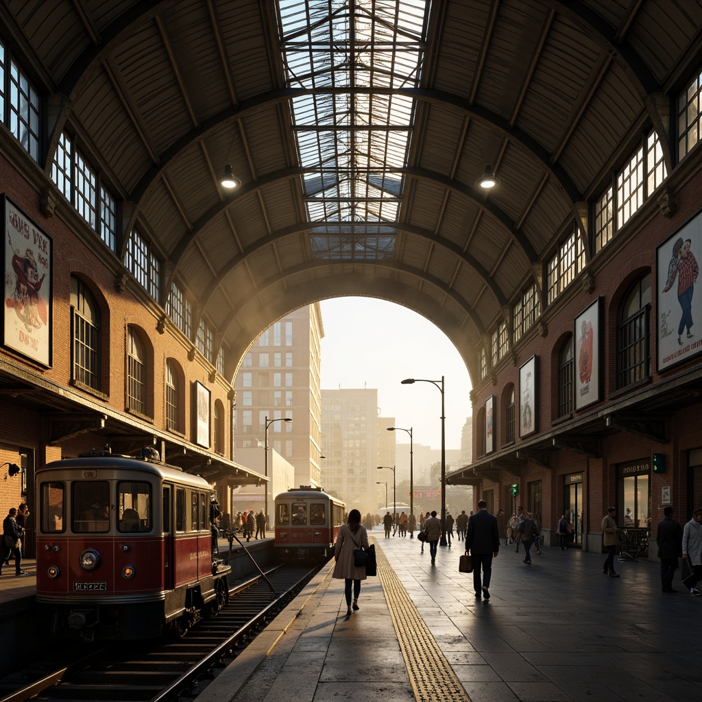 Prompt: Grandiose train station, dramatic arches, ornate metallic details, vintage luggage carts, nostalgic advertisements, warm golden lighting, soft shadows, atmospheric fog effects, misty glass roofs, industrial steel beams, distressed brick walls, urban cityscape, bustling crowd scenes, dynamic camera movements, cinematic close-ups, high-contrast ratios, vibrant color grading, moody ambient sounds, realistic textures, advanced particle simulations.