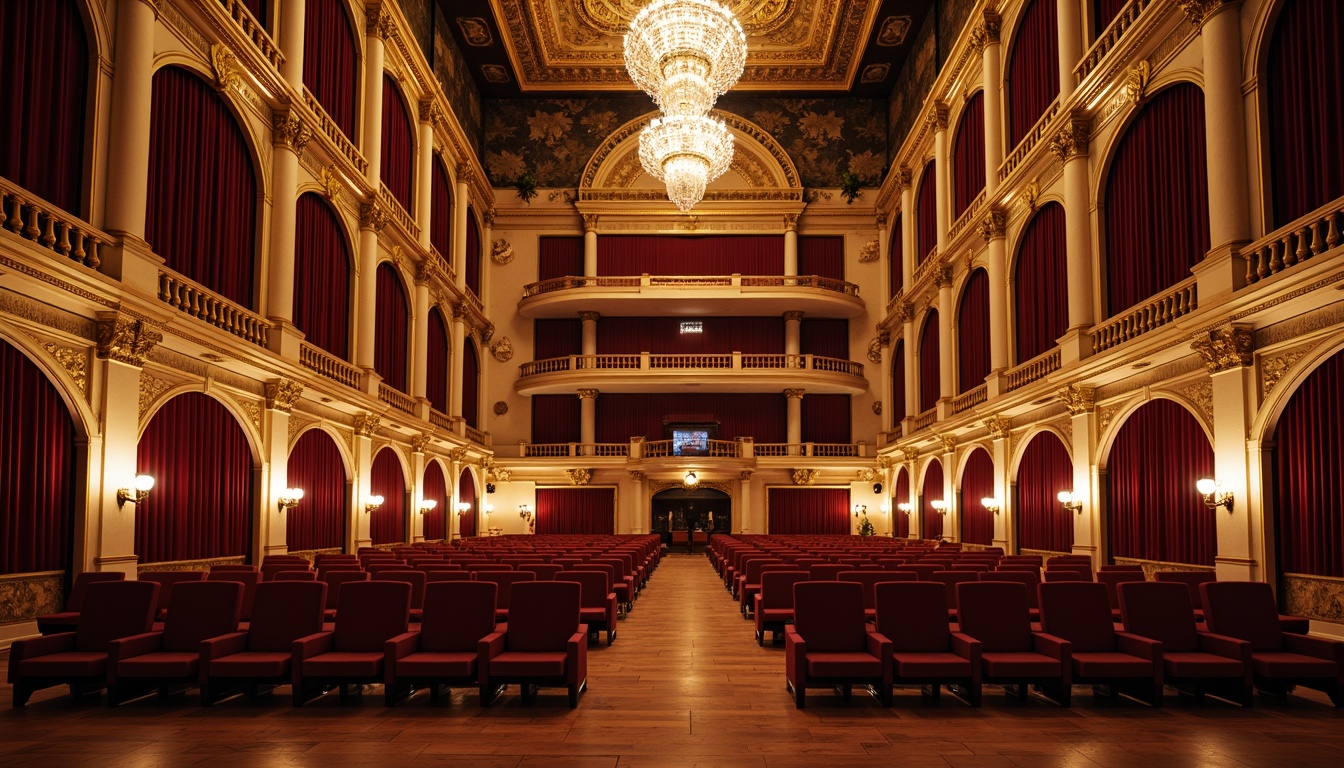 Prompt: Ornate auditorium, velvet curtains, gilded frames, crystal chandeliers, wooden floors, luxurious seating, plush cushions, intricate carvings, Baroque-inspired architecture, grandiose scale, majestic high ceilings, dramatic spotlights, warm golden lighting, 1/1 composition, symmetrical arrangement, opulent fabrics, regal atmosphere, Renaissance-era influences, ornamental details, sculpted decorations.