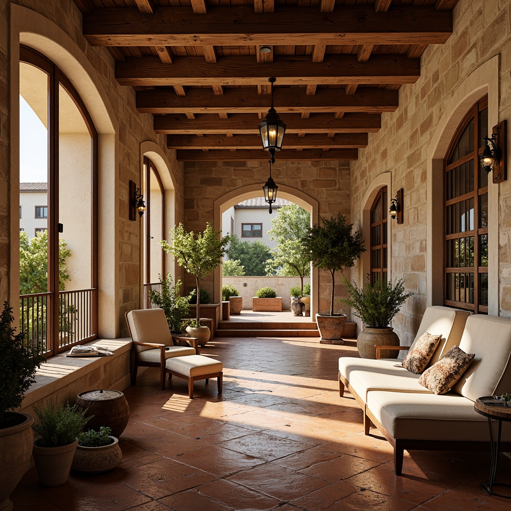 Prompt: Warm Mediterranean basement, exposed wooden beams, rustic stone walls, arched windows, wrought iron railings, terracotta flooring, earthy color palette, soft warm lighting, cozy reading nooks, plush furnishings, natural textiles, vintage decor accents, distressed wood finishes, ornate metalwork, fragrant herb planters, sunny courtyard views, shallow depth of field, 1/1 composition, realistic textures, ambient occlusion.