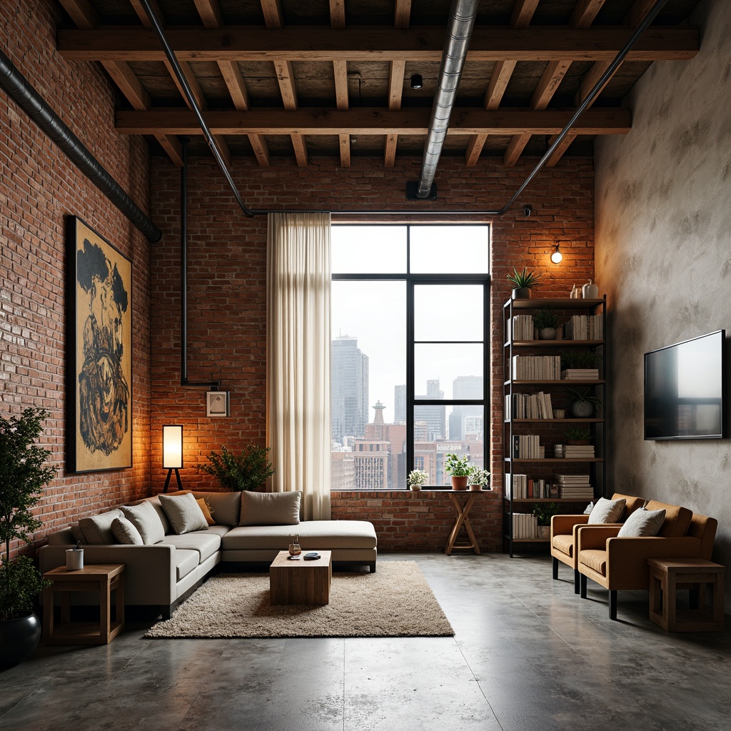 Prompt: Industrial-chic loft interior, exposed brick walls, polished concrete floors, high ceilings, open layout, eclectic furniture mix, vintage decorative pieces, modern minimalist accents, reclaimed wood shelves, Edison bulb lighting, urban cityscape views, natural light pouring in, soft warm atmosphere, shallow depth of field, 1/1 composition, realistic textures, ambient occlusion.