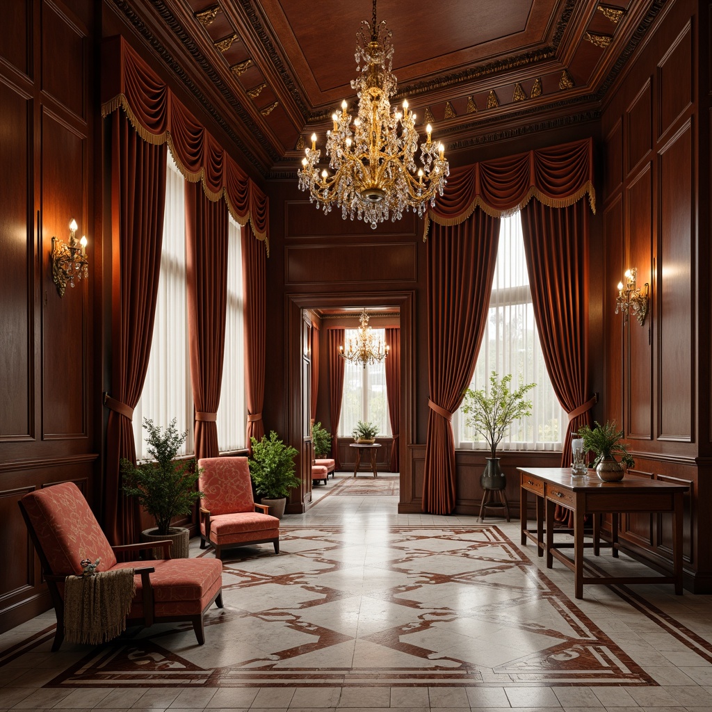 Prompt: Elegant classic interior, ornate moldings, polished wood paneling, rich velvet fabrics, luxurious silk drapes, intricate marble flooring, crystal chandeliers, gilded accents, soft warm lighting, subtle shadows, 1/1 composition, shallow depth of field, realistic textures, ambient occlusion.