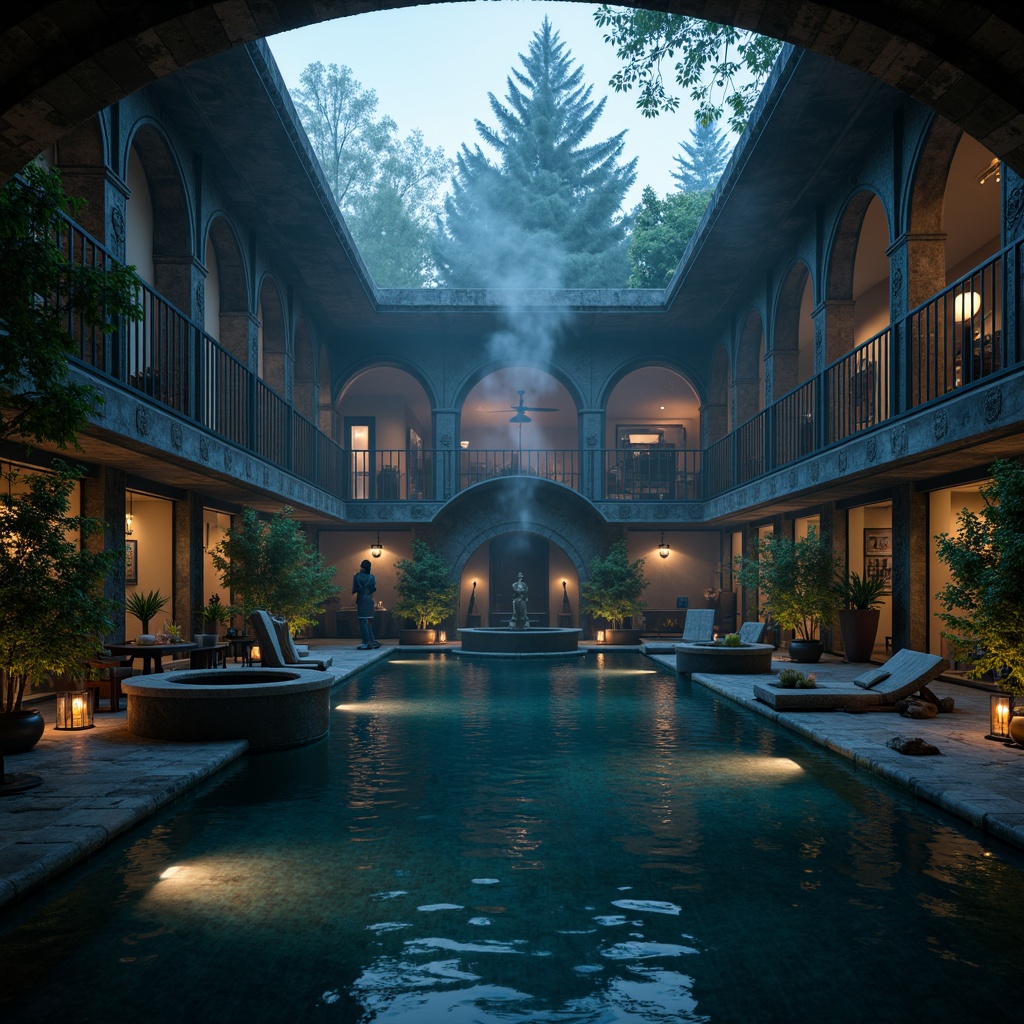 Prompt: Mysterious gothic poolhouse, ornate stone carvings, dramatic archways, dark mysterious waters, misty atmosphere, twinkling string lights, lavish water features, grand fountain statues, eerie twilight ambiance, soft focus, shallow depth of field, 1/2 composition, cinematic lighting, rich textures, subtle fog effects.