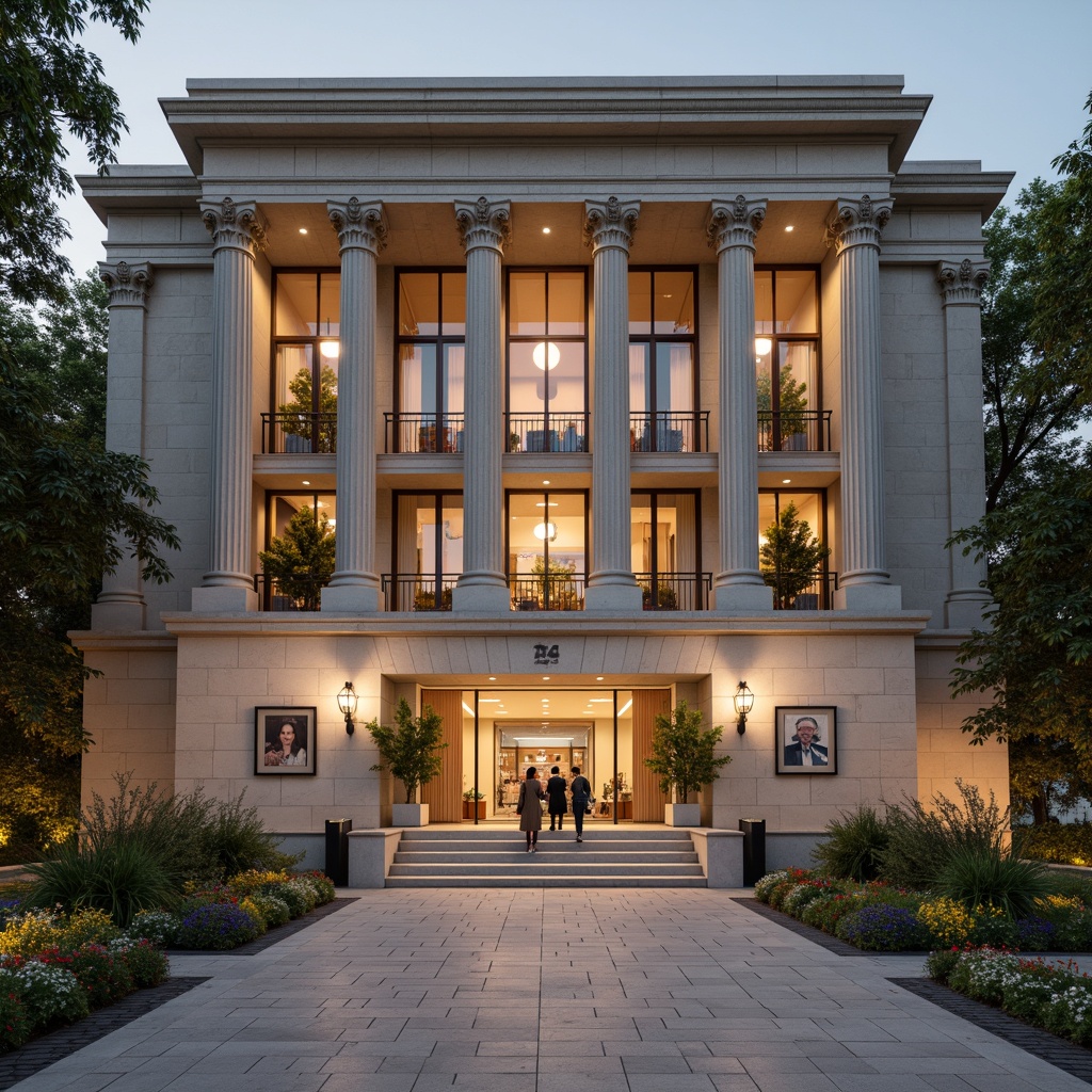 Prompt: Grand memorial center, neoclassical architecture style, imposing stone columns, ornate capitals, symmetrical facade, majestic entrance, sweeping staircases, elegant balconies, intricate moldings, polished marble floors, solemn ambiance, soft warm lighting, shallow depth of field, 3/4 composition, panoramic view, realistic textures, ambient occlusion, dignified atmosphere, historical significance, respectful surroundings, serene natural environment, lush greenery, vibrant flowers.