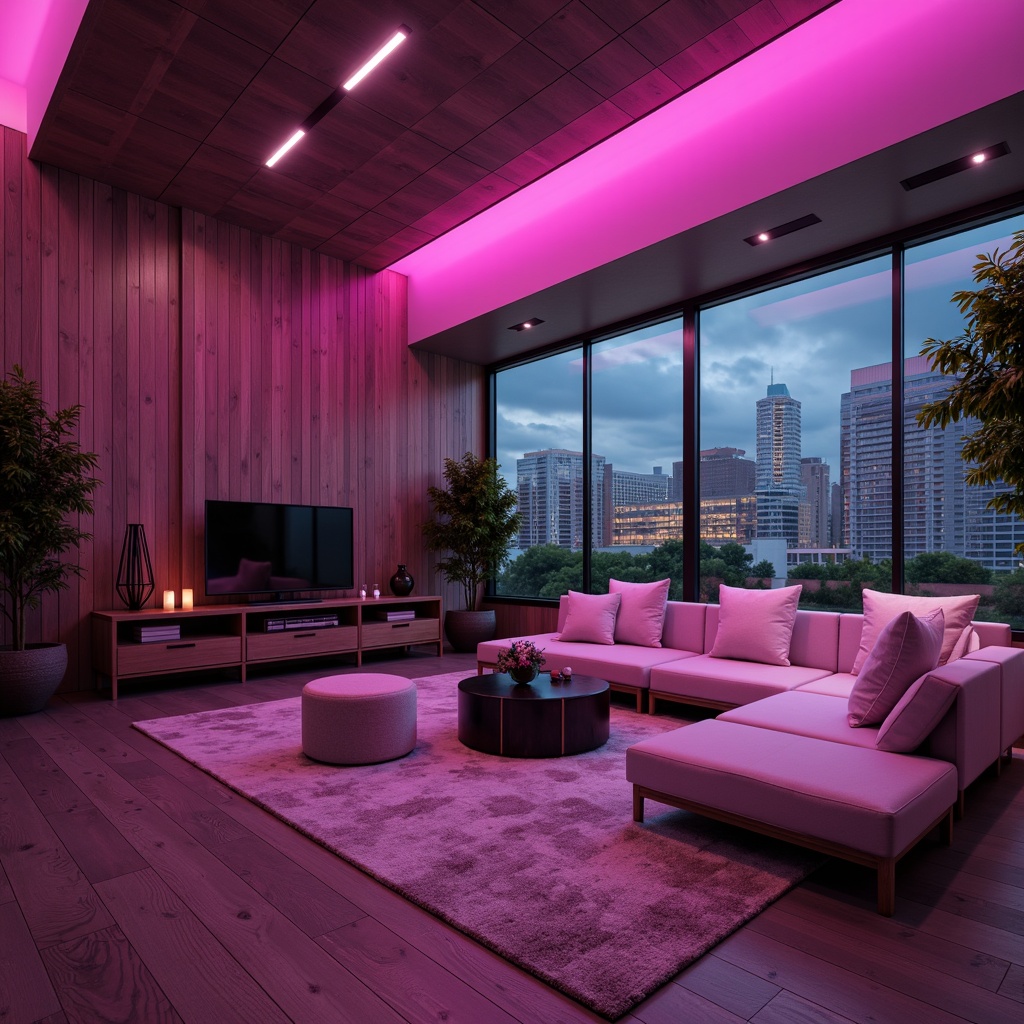 Prompt: Vibrant magenta accents, pastel pink hues, metallic silver highlights, deep charcoal grey backgrounds, rich wood textures, modern minimalist decor, sleek low-poly furniture, bold geometric patterns, neon-lit cityscape, dusk twilight atmosphere, soft cinematic lighting, shallow depth of field, 2/3 composition, high-contrast color grading.