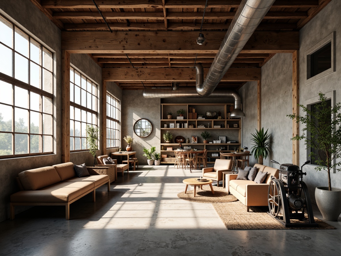 Prompt: Rustic industrial space, exposed metal beams, reclaimed wood accents, polished concrete floors, urban loft atmosphere, large steel windows, natural light pouring in, airy open layout, minimalist decor, functional industrial lighting, metallic color palette, distressed finishes, vintage machinery props, eclectic art pieces, modern sleek furniture, warm neutral tones, shallow depth of field, 2/3 composition, dramatic shadows, realistic textures, ambient occlusion.