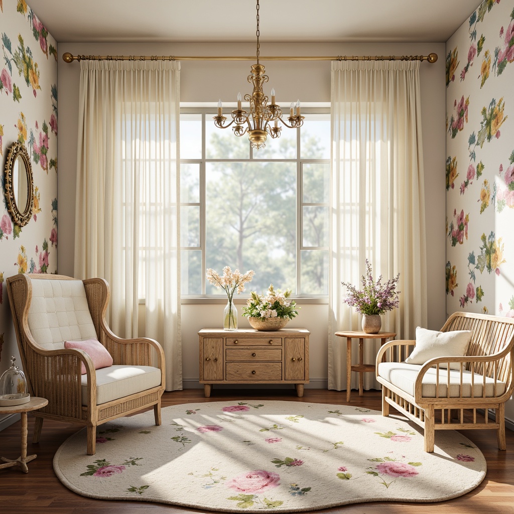 Prompt: Whimsical nursery, soft pastel hues, ornate furniture, flowing organic lines, botanical patterns, delicate florals, intricate metalwork, curved shapes, vintage-inspired decor, plush area rugs, creamy whites, gentle warm lighting, 1/1 composition, shallow depth of field, romantic ambiance, luxurious fabrics, subtle shine accents, distressed finishes, natural wood tones.