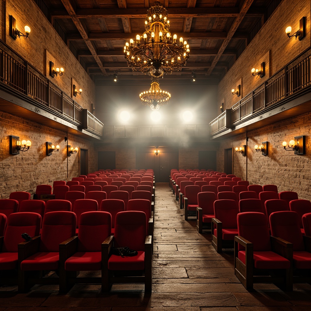 Prompt: Industrial-style theater interior, distressed brick walls, exposed metal beams, reclaimed wood accents, vintage theatrical lights, plush crimson velvet seats, ornate golden armrests, rich burgundy carpets, decorative metallic railings, grand chandelier, dramatic spotlights, rustic wooden floorboards, atmospheric fog effects, warm golden lighting, 1/1 composition, symmetrical framing, cinematic camera angles, realistic textures, ambient occlusion.