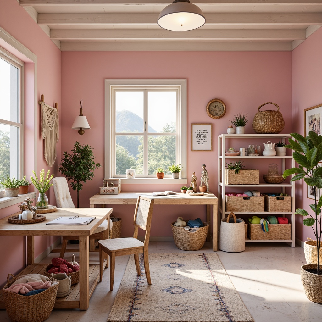 Prompt: Vibrant craft room, pastel colors, soft pink walls, creamy white furniture, natural wood accents, woven baskets, macrame details, eclectic art pieces, warm task lighting, cozy throw blankets, inspirational quotes, creative workspaces, rustic wooden tables, colorful fabric scraps, organized storage bins, whimsical decorative items, airy open shelving, calming atmosphere, soft focus, shallow depth of field, 1/1 composition, natural textures, ambient occlusion.