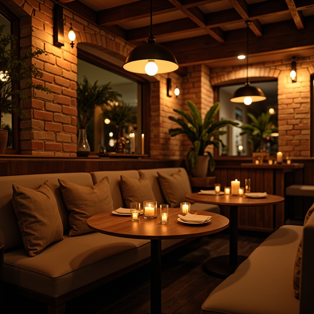 Prompt: Warm intimate restaurant ambiance, soft golden lighting, candles on tables, pendant lamps, wooden accents, dimmable LED lights, cozy nooks, comfortable seating areas, rustic brick walls, vintage decorative items, rich textiles, earthy color palette, warm beige tones, inviting aroma, relaxing music, gentle shadows, subtle sparkle, 1/1 composition, shallow depth of field, realistic rendering.