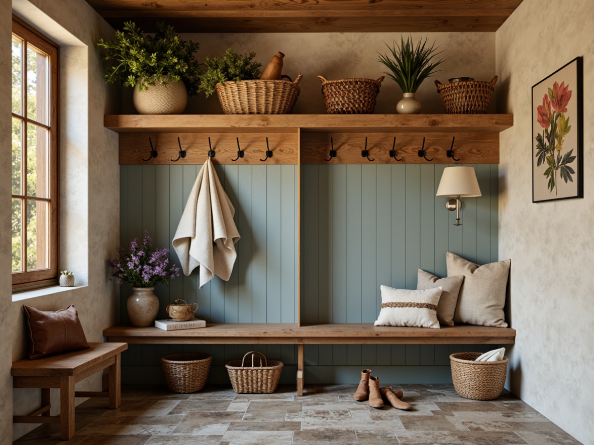 Prompt: Cozy mudroom, warm earthy tones, natural wood accents, soft beige walls, calming blue undertones, rugged stone flooring, woven baskets, vintage metal hooks, distressed leather benches, rustic wooden shelves, ambient warm lighting, shallow depth of field, 1/1 composition, realistic textures, subtle shadows.