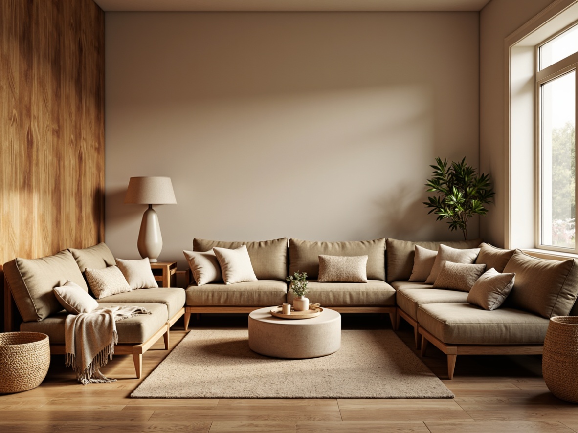 Prompt: Cozy living room, plush throw blankets, soft velvet sofas, warm beige walls, natural wood flooring, comfortable pillows, woven baskets, earthy color palette, organic shapes, subtle patterns, calming atmosphere, warm lighting, shallow depth of field, 1/1 composition, realistic textures, ambient occlusion.