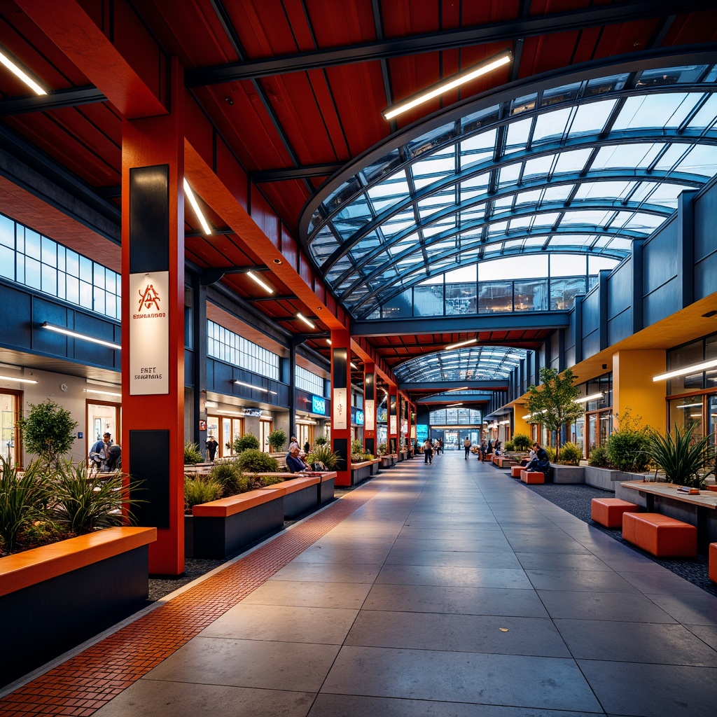 Prompt: Vibrant train station, expressionist architecture, bold color schemes, dynamic lighting, industrial metal beams, exposed brick walls, polished concrete floors, metallic accents, geometric patterns, futuristic furniture designs, neon signage, urban cityscape views, bustling atmosphere, shallow depth of field, 1/2 composition, warm dramatic lighting, realistic textures, ambient occlusion.