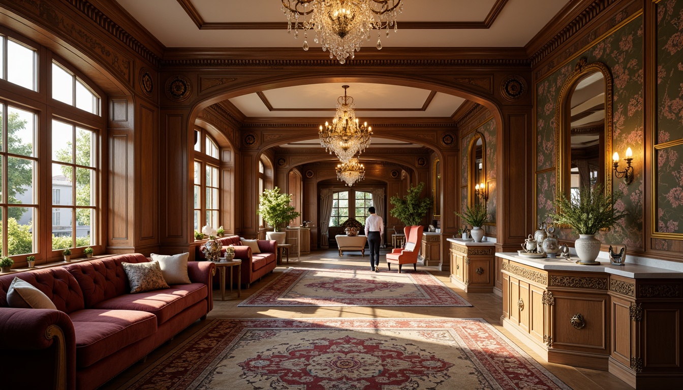 Prompt: Opulent Rococo-style interior, lavish furnishings, intricately carved wooden frames, plush velvet sofas, ornate gilded mirrors, delicate porcelain vases, crystal chandeliers, richly patterned rugs, soft golden lighting, luxurious fabrics, antique bronze hardware, curved lines, ornamental motifs, French-inspired cabinetry, marble countertops, subtle warm colors, 1/2 composition, shallow depth of field, realistic textures, ambient occlusion.