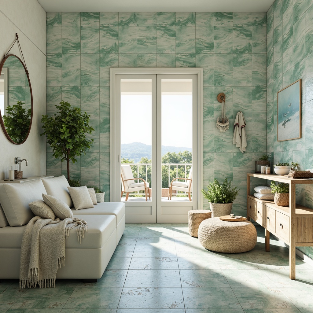 Prompt: Ceramic tiles, ocean-inspired patterns, wavy designs, seafoam green, calming blues, sandy neutrals, driftwood accents, natural textures, hexagonal shapes, Moroccan-inspired motifs, distressed finishes, beachy vibes, sunny coastal feel, warm soft lighting, shallow depth of field, 1/1 composition, realistic renderings, ambient occlusion.