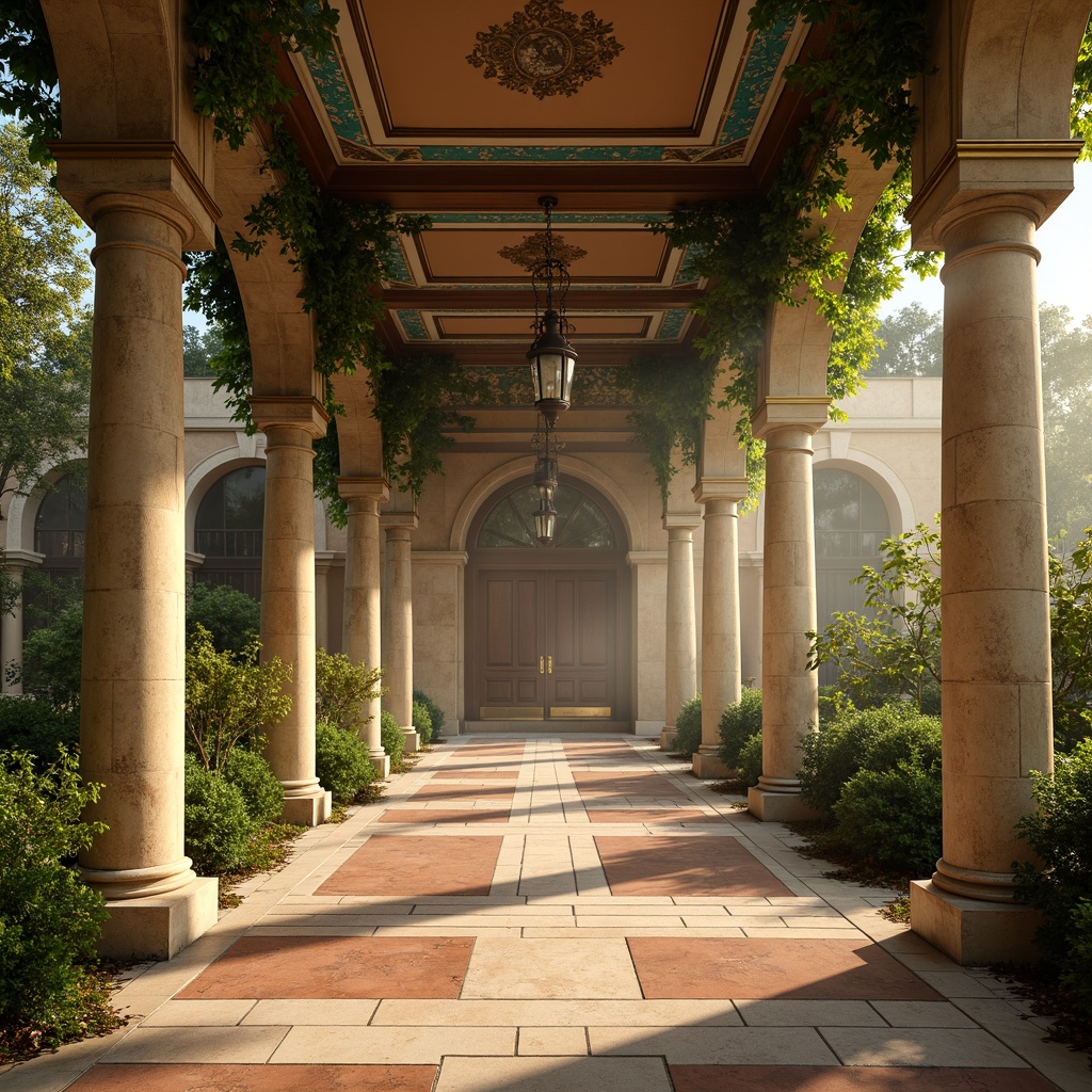 Prompt: Warm beige stone columns, rustic terracotta floors, soft cream marble accents, muted turquoise frescoes, earthy sienna walls, rich walnut wood tones, aged bronze fixtures, vibrant emerald greenery, lush ivy canopies, natural sunlight, warm golden hour lighting, atmospheric mist, subtle shading, 1/1 composition, symmetrical architecture, ornate details, classical proportions.